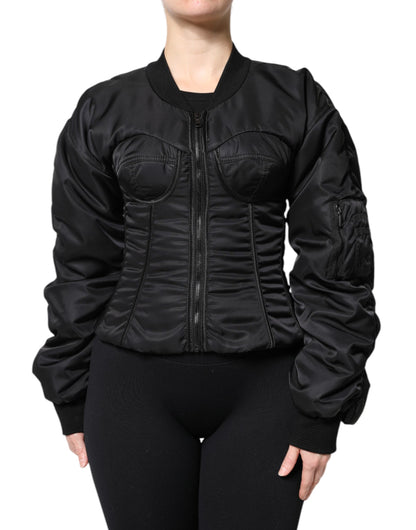 Dolce &amp; Gabbana Black Nylon Full Zip Bustier Corset Jacket