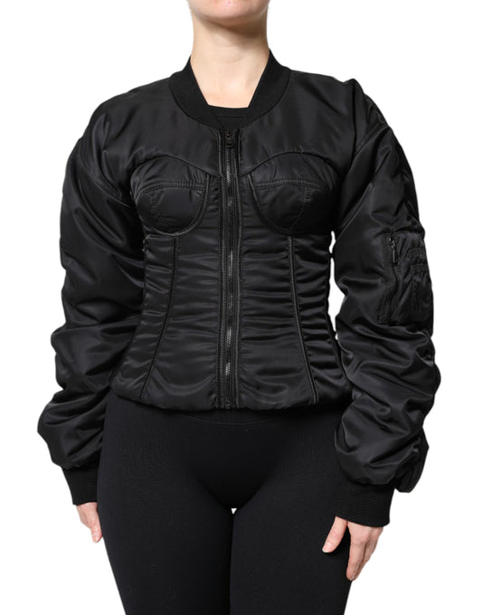 Dolce &amp; Gabbana Black Nylon Full Zip Bustier Corset Jacket