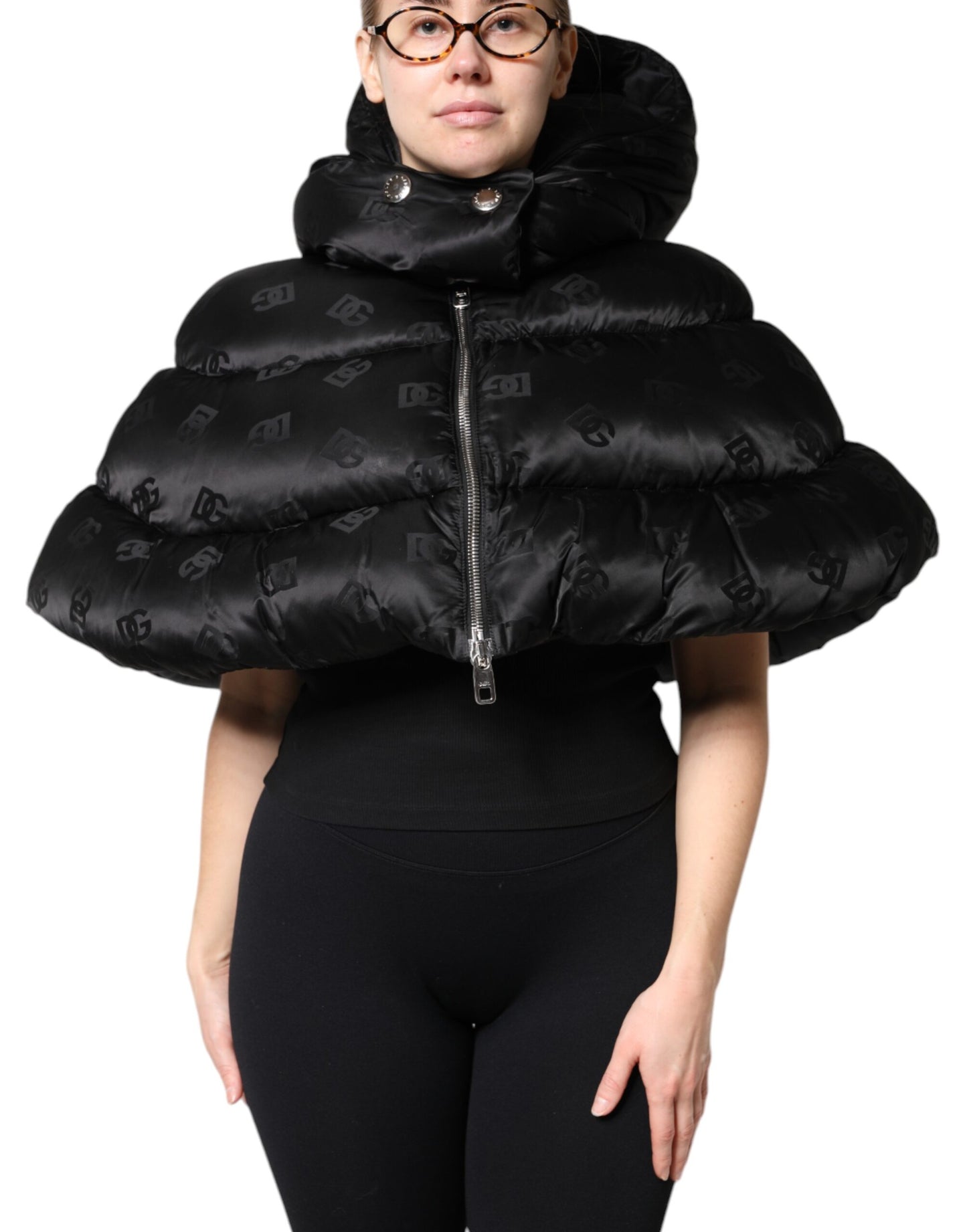 Dolce &amp; Gabbana Black Padded Puffer Hooded Full Zip Cropped Jacket