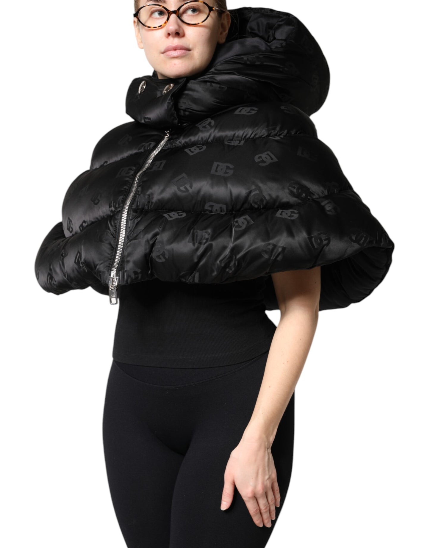 Dolce &amp; Gabbana Black Padded Puffer Hooded Full Zip Cropped Jacket