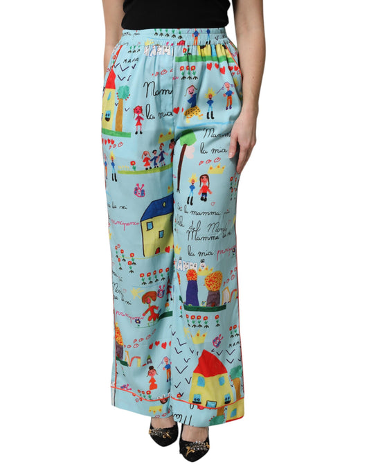 Dolce & Gabbana Light Blue Drawing Mid Waist Wide Leg Pants by Dolce & Gabbana