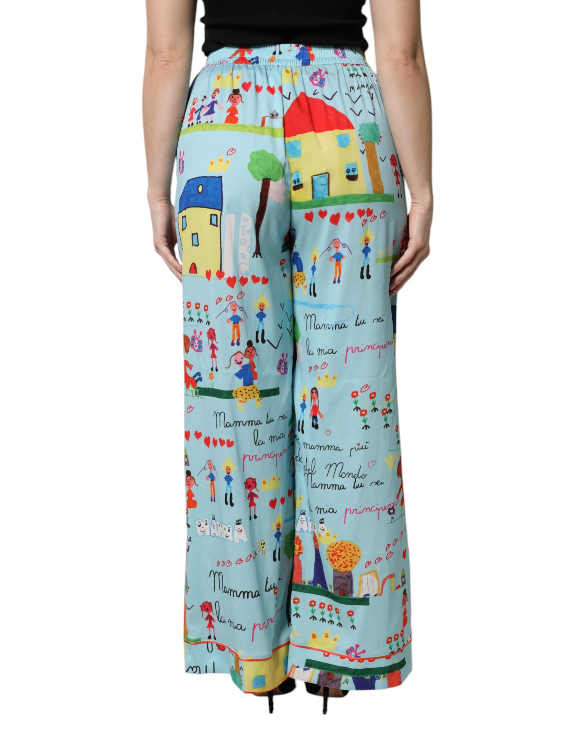 Dolce & Gabbana Light Blue Drawing Mid Waist Wide Leg Pants by Dolce & Gabbana