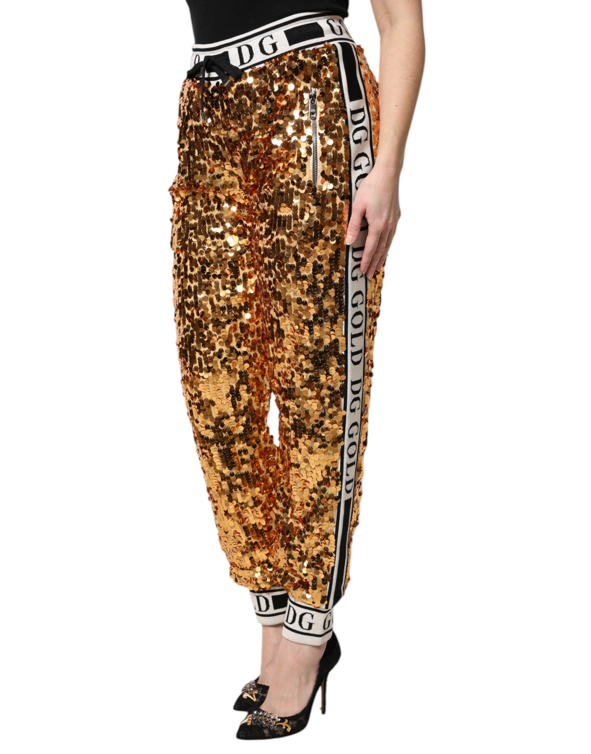 Dolce & Gabbana Metallic Gold DG Logo Sequined Jogger Pants by Dolce & Gabbana