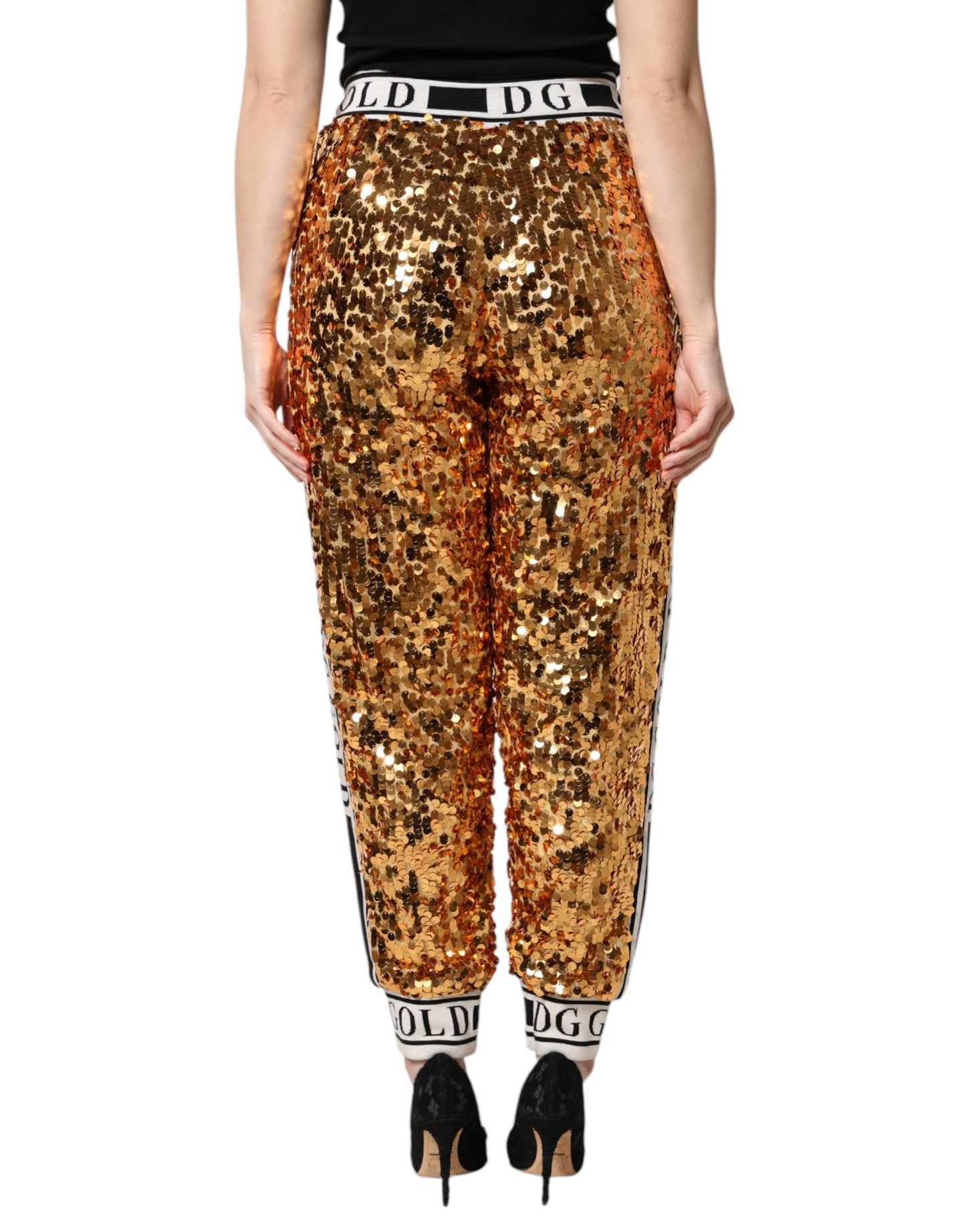 Dolce & Gabbana Metallic Gold DG Logo Sequined Jogger Pants by Dolce & Gabbana