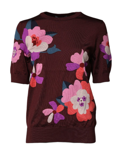 Dolce & Gabbana Maroon Floral Silk Crew Neck Blouse Top by Dolce & Gabbana