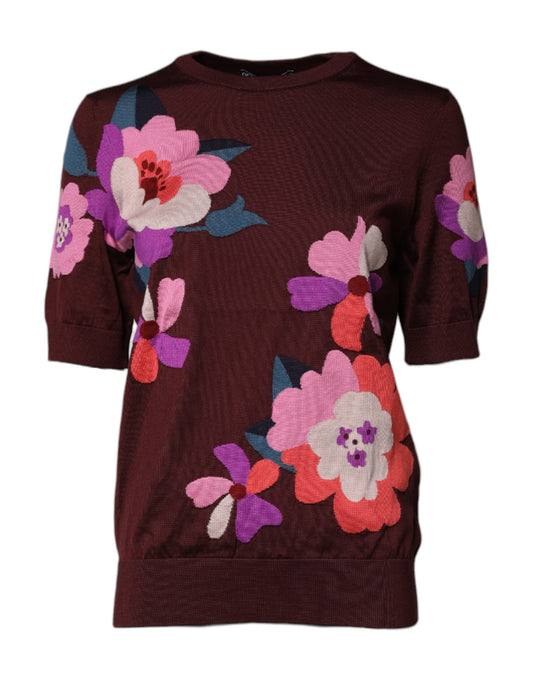 Dolce & Gabbana Maroon Floral Silk Crew Neck Blouse Top by Dolce & Gabbana