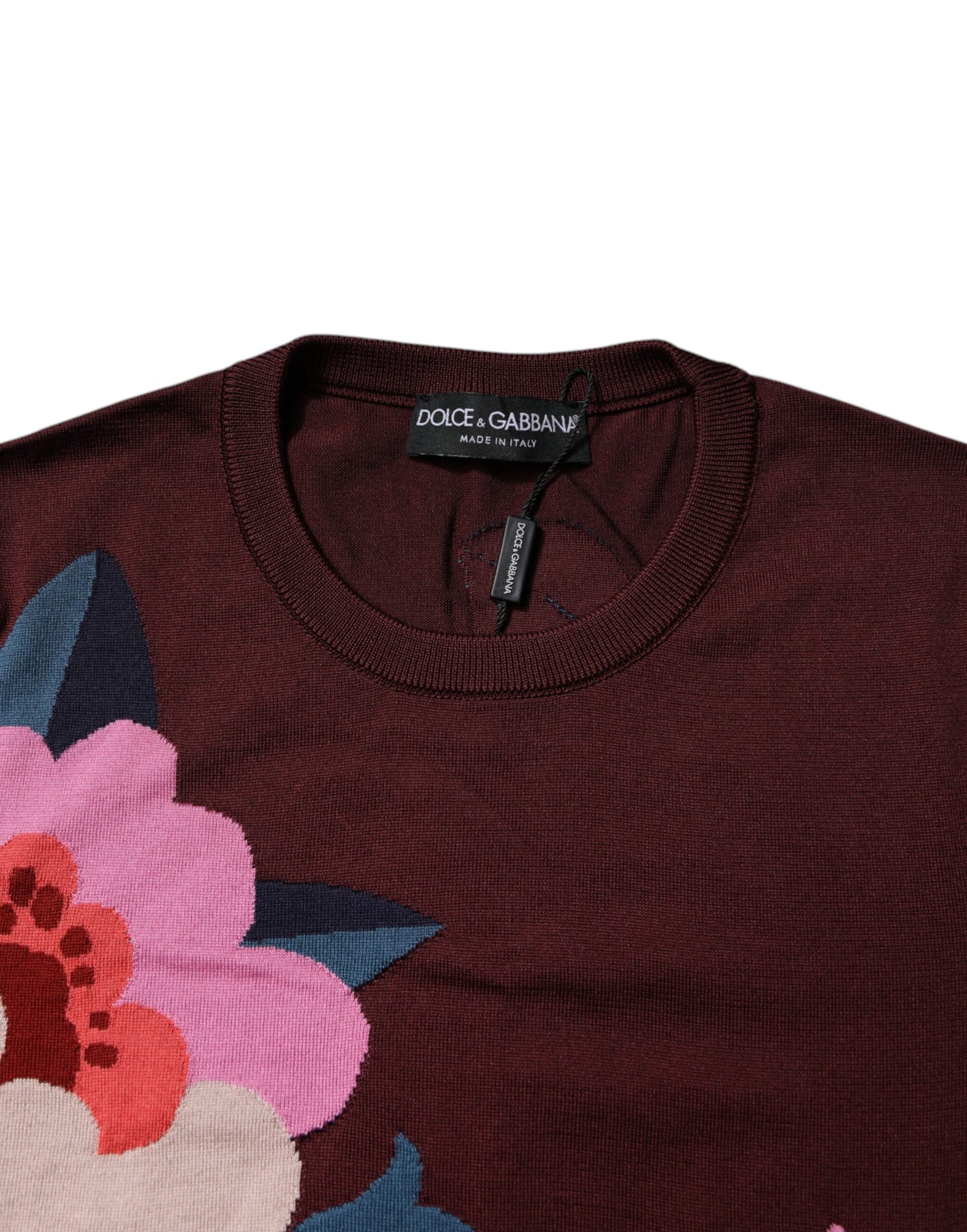 Dolce & Gabbana Maroon Floral Silk Crew Neck Blouse Top by Dolce & Gabbana