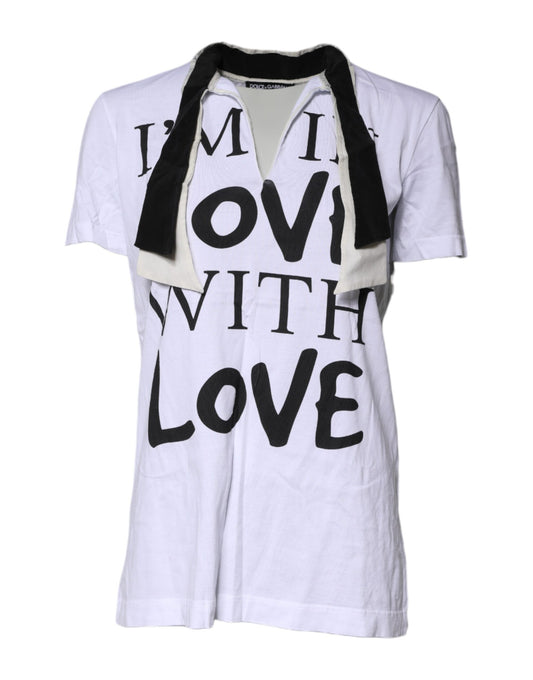 T-shirt col Ascot en coton et soie mélangés blanc Dolce &amp; Gabbana