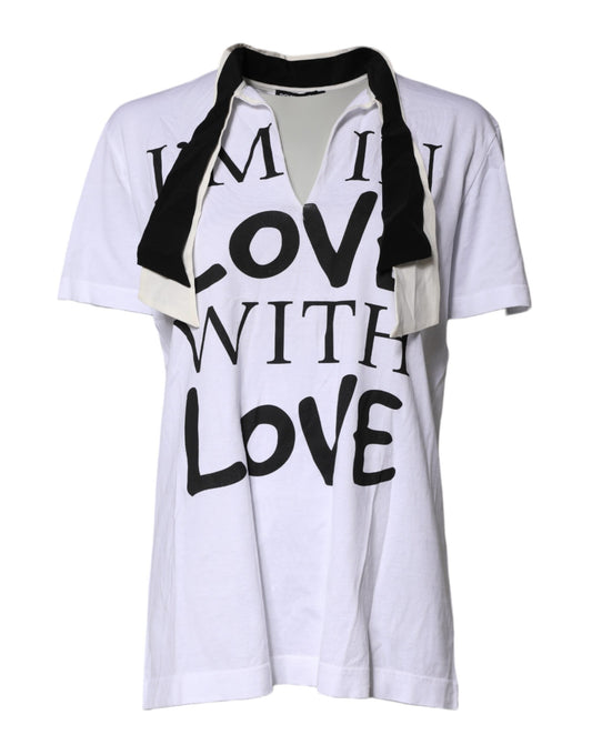T-shirt col Ascot en coton et soie mélangés blanc Dolce &amp; Gabbana