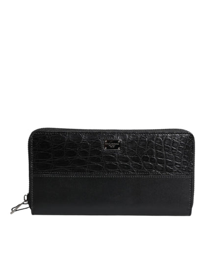 Portefeuille continental zippé en cuir noir Dolce &amp; Gabbana avec plaque logo