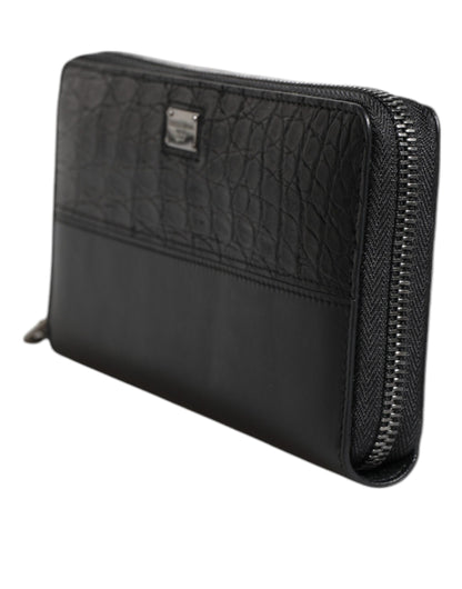Portefeuille continental zippé en cuir noir Dolce &amp; Gabbana avec plaque logo