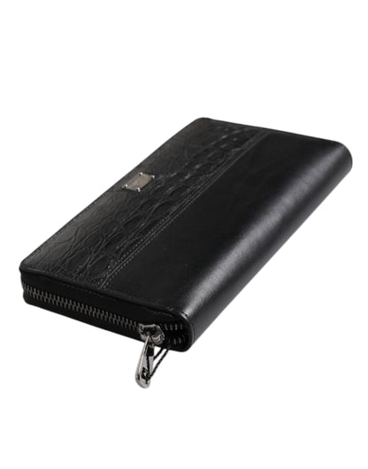 Portefeuille continental zippé en cuir noir Dolce &amp; Gabbana avec plaque logo