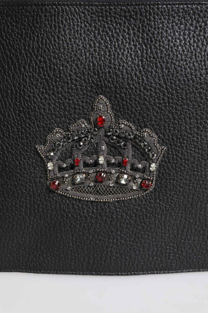 Dolce & Gabbana Black Calfskin Crown Embellished Clutch Pouch Bag