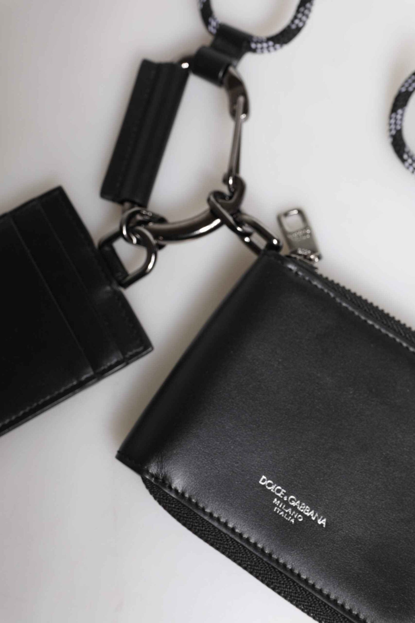 Dolce & Gabbana Black Leather Lanyard Zip Around Card Holder Wallet
