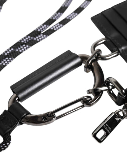 Dolce & Gabbana Black Leather Lanyard Zip Around Card Holder Wallet