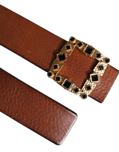 Ceinture Dolce &amp; Gabbana en cuir marron avec boucle en cristal doré