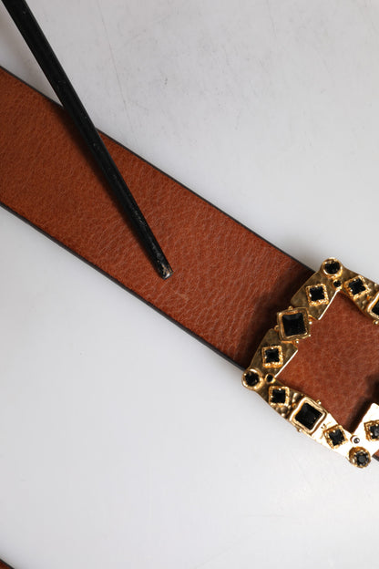 Ceinture Dolce &amp; Gabbana en cuir marron avec boucle en cristal doré