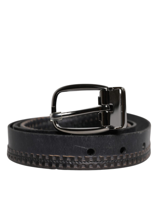 Dolce &amp; Gabbana Black Leather Silver Tone Metal Buckle Belt