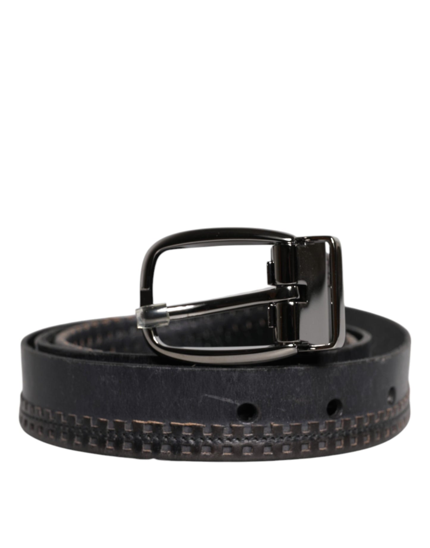 Dolce &amp; Gabbana Black Leather Silver Tone Metal Buckle Belt