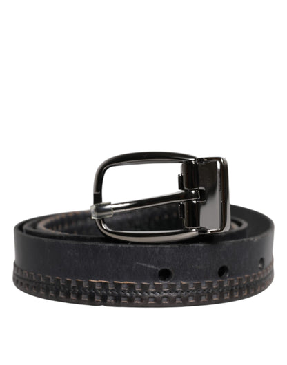 Dolce &amp; Gabbana Black Leather Silver Tone Metal Buckle Belt