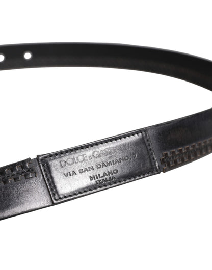 Dolce &amp; Gabbana Black Leather Silver Tone Metal Buckle Belt