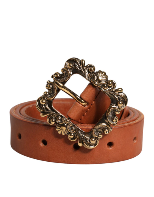 Ceinture Dolce &amp; Gabbana en cuir marron avec boucle baroque en métal doré