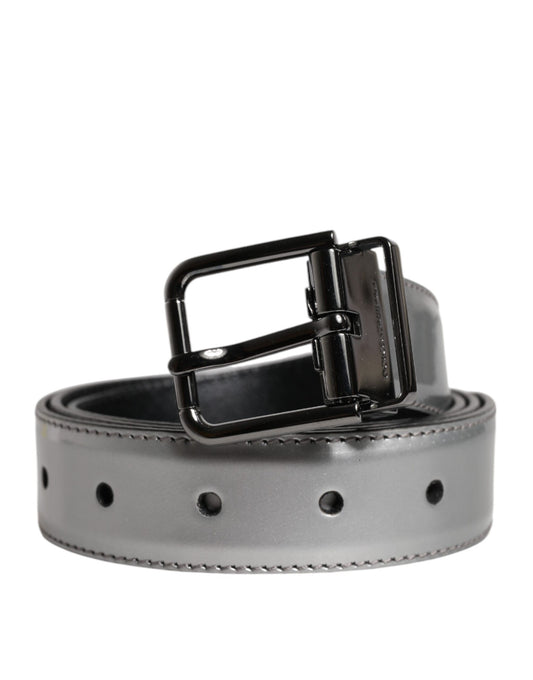 Ceinture classique en cuir argenté Dolce &amp; Gabbana avec boucle en métal et logo