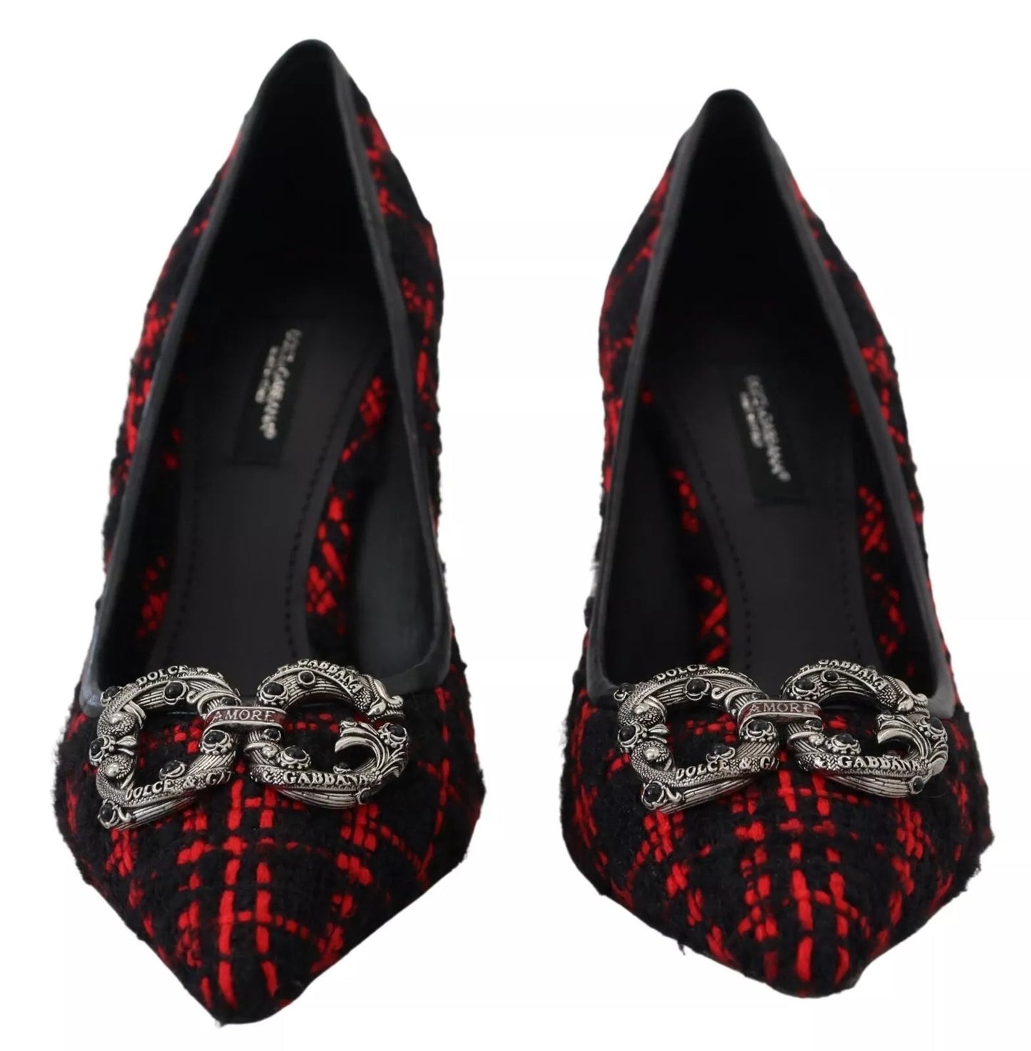 Dolce &amp; Gabbana Red Black Tweed DG Amore Heels Pumps Shoes