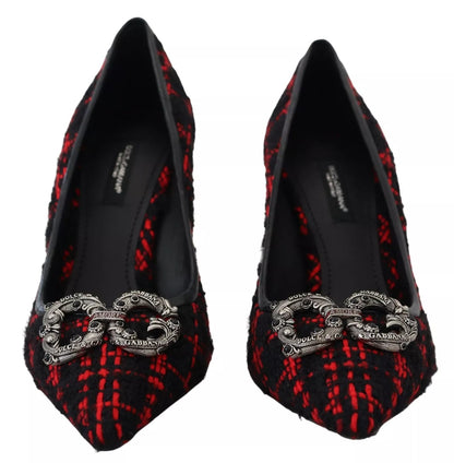 Dolce &amp; Gabbana Red Black Tweed DG Amore Heels Pumps Shoes