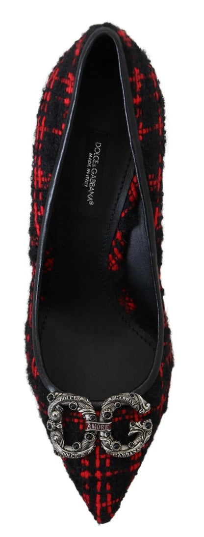 Dolce &amp; Gabbana Red Black Tweed DG Amore Heels Pumps Shoes