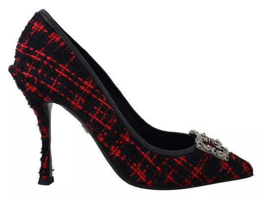 Dolce &amp; Gabbana Red Black Tweed DG Amore Heels Pumps Shoes