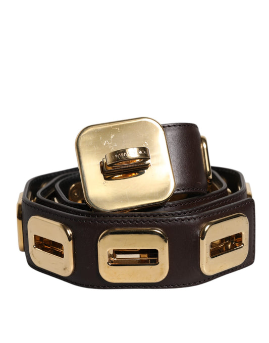 Ceinture Dolce &amp; Gabbana en cuir marron foncé avec boucle rotative dorée