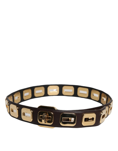 Ceinture Dolce &amp; Gabbana en cuir marron foncé avec boucle rotative dorée