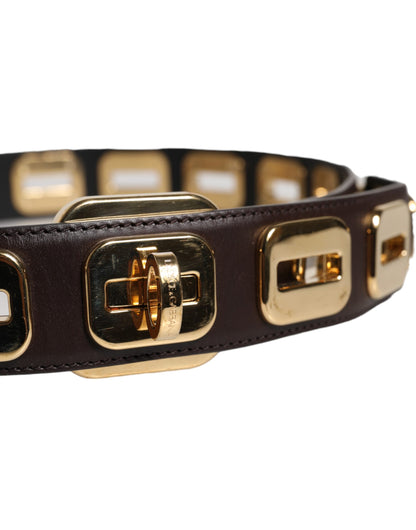 Ceinture Dolce &amp; Gabbana en cuir marron foncé avec boucle rotative dorée