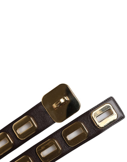 Ceinture Dolce &amp; Gabbana en cuir marron foncé avec boucle rotative dorée