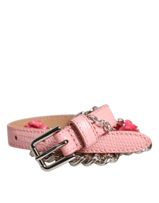 Dolce &amp; Gabbana Pink Embellished Roses Textured Leather Belt