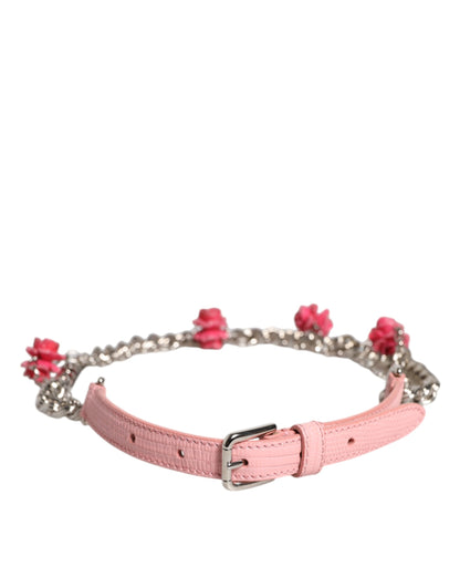 Dolce &amp; Gabbana Pink Embellished Roses Textured Leather Belt