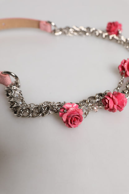 Dolce &amp; Gabbana Pink Embellished Roses Textured Leather Belt