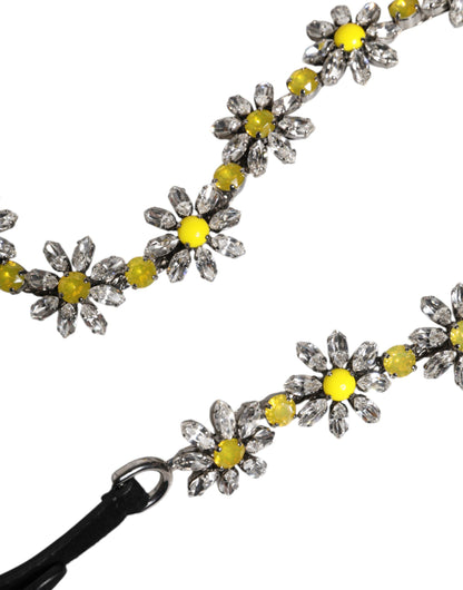 Dolce &amp; Gabbana Black Leather Daisy Crystal Embellish Waist Belt