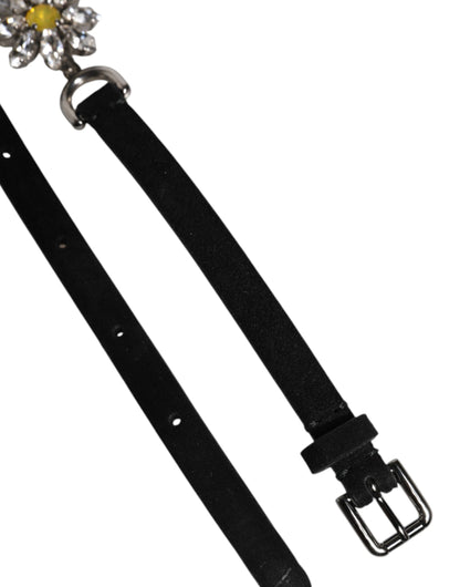 Dolce &amp; Gabbana Black Leather Daisy Crystal Embellish Waist Belt