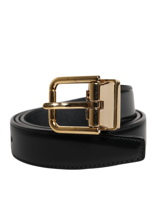 Dolce &amp; Gabbana Black Leather Gold Metal Waist Buckle Belt