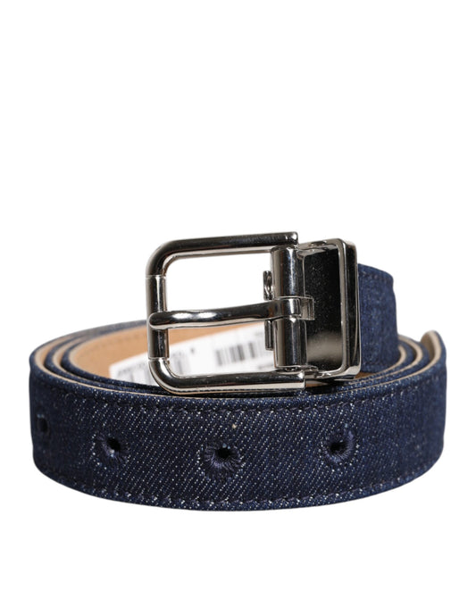 Dolce &amp; Gabbana Blue Denim Silver Logo Metal Waist Buckle Belt