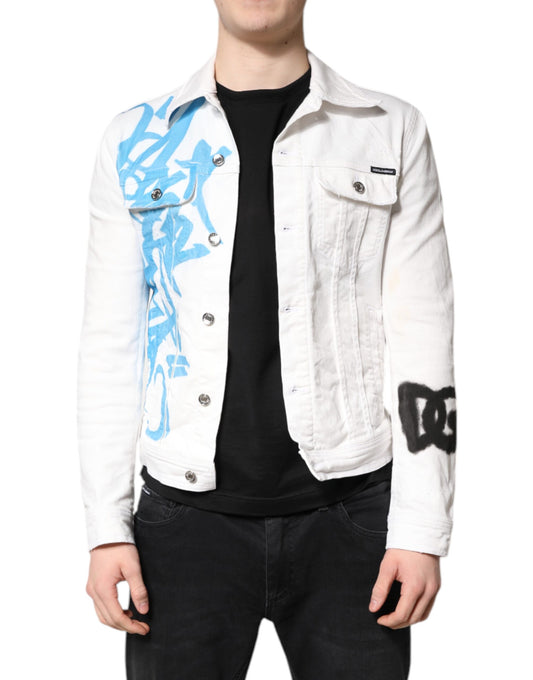 Dolce &amp; Gabbana White Graffiti Cotton Stretch Denim Jacket