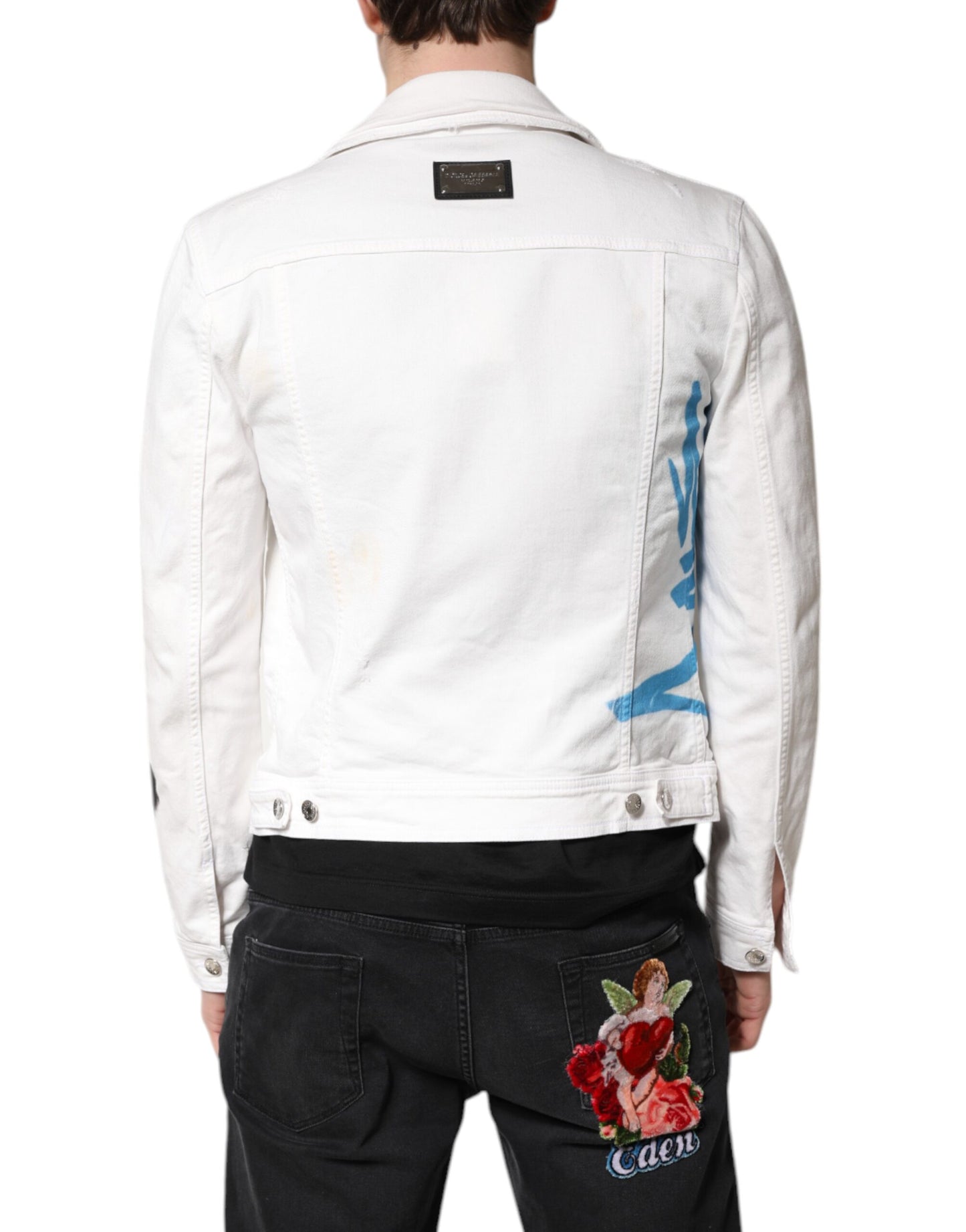 Dolce &amp; Gabbana White Graffiti Cotton Stretch Denim Jacket