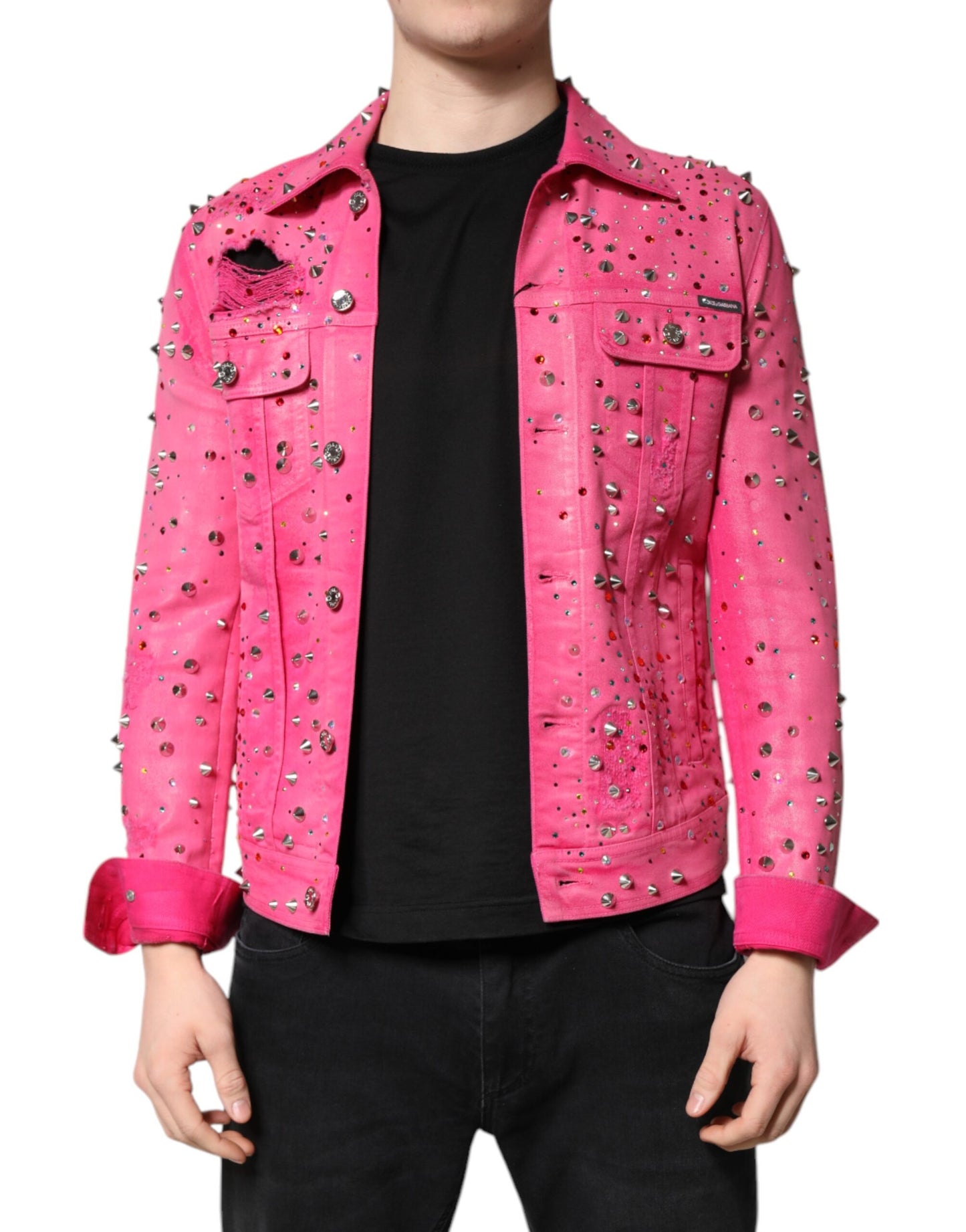 Dolce &amp; Gabbana Pink Crystal Embellished Cotton Denim Jacket