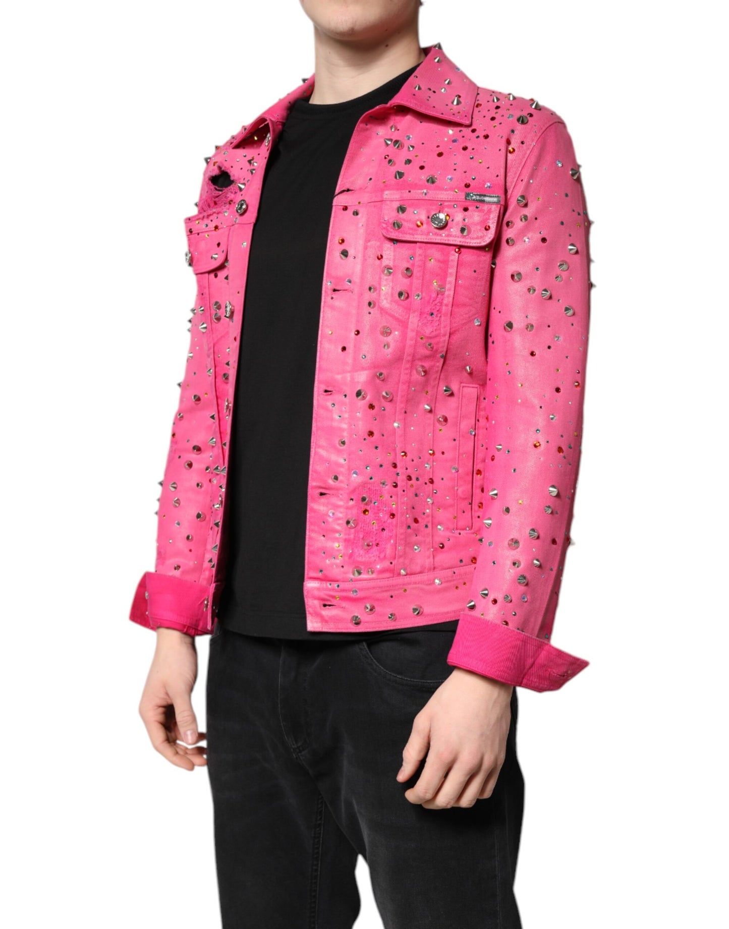 Dolce &amp; Gabbana Pink Crystal Embellished Cotton Denim Jacket