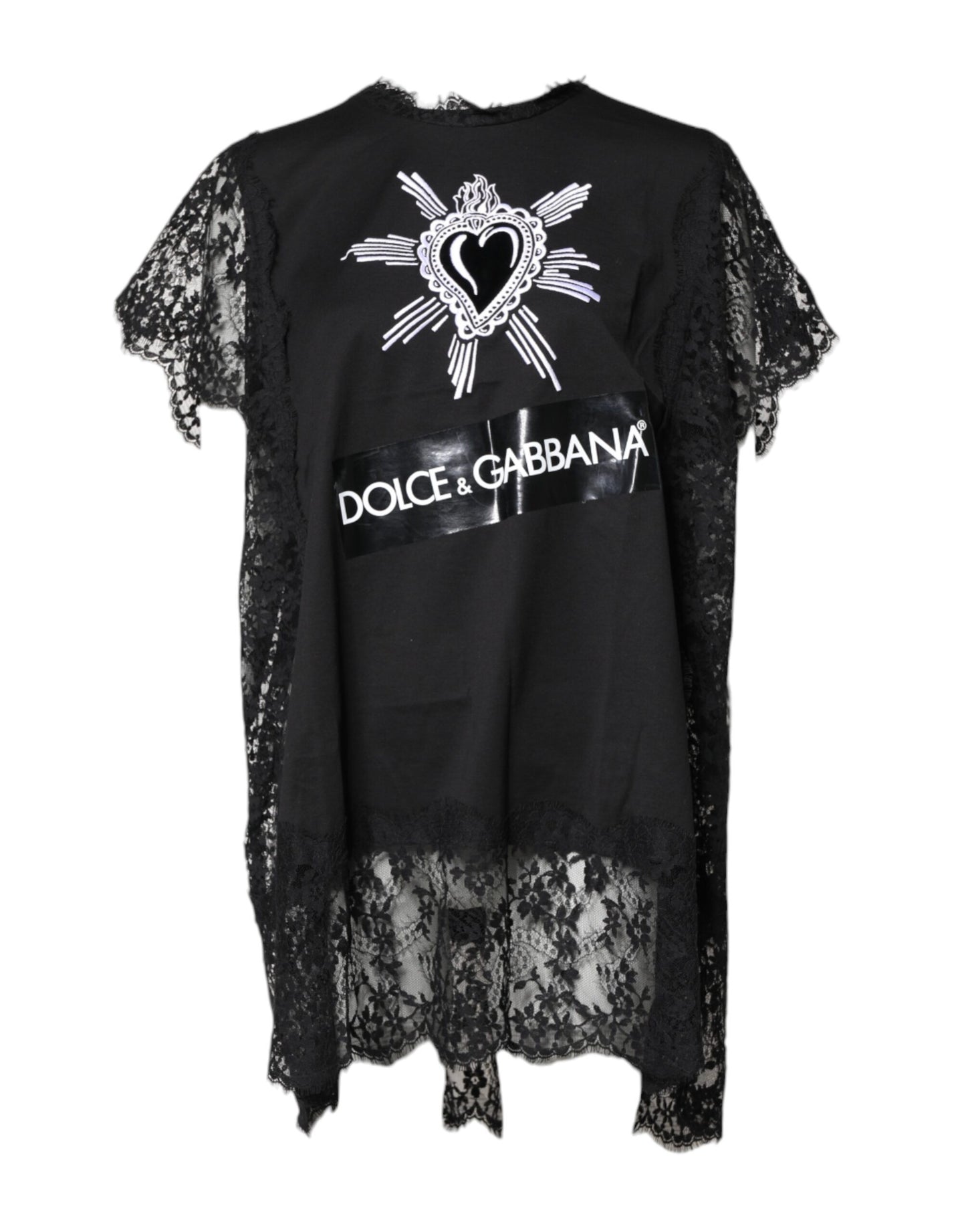 Dolce & Gabbana Black Lace Sheer Sacred Heart Crew Neck Top by Dolce & Gabbana