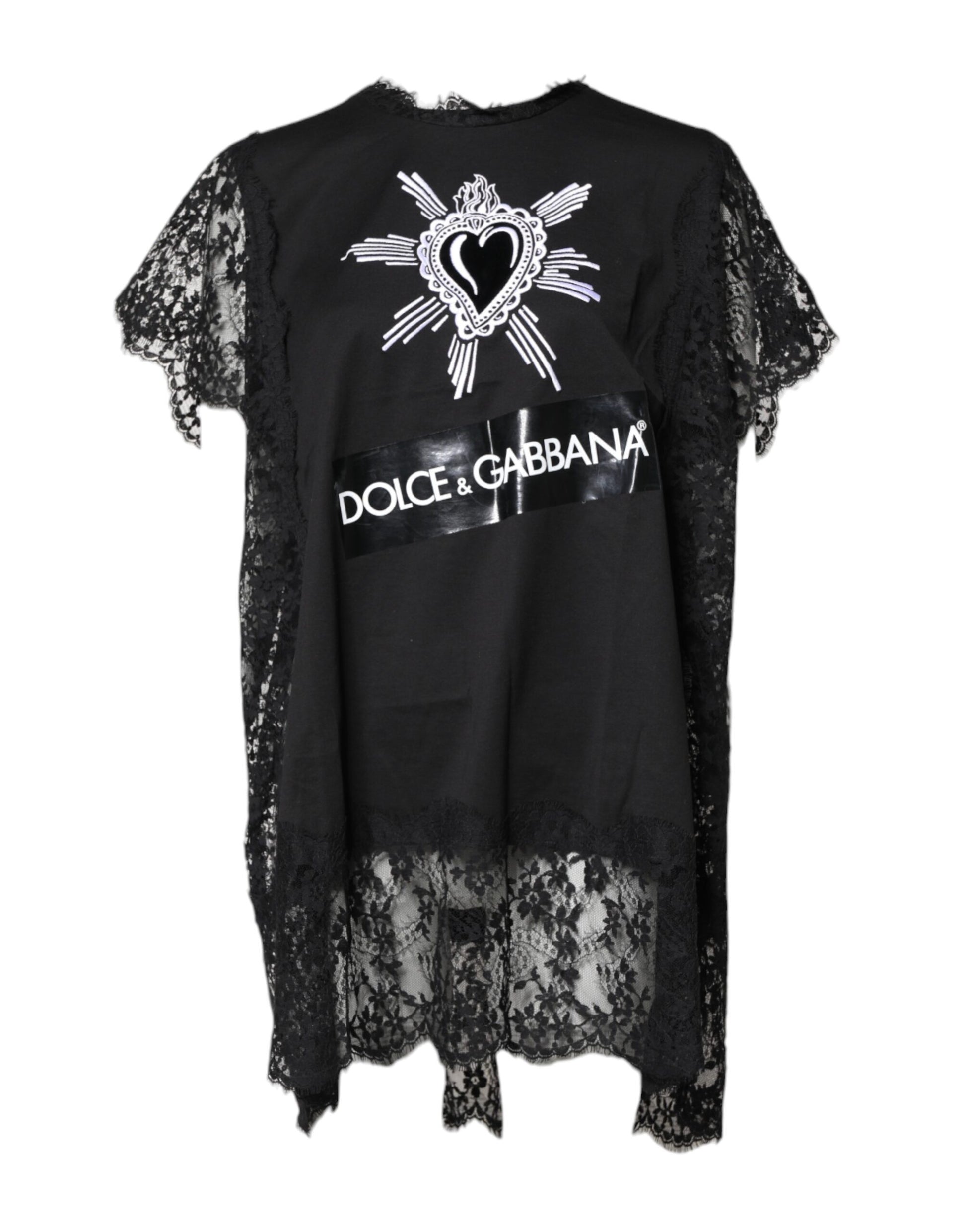 Dolce & Gabbana Black Lace Sheer Sacred Heart Crew Neck Top by Dolce & Gabbana