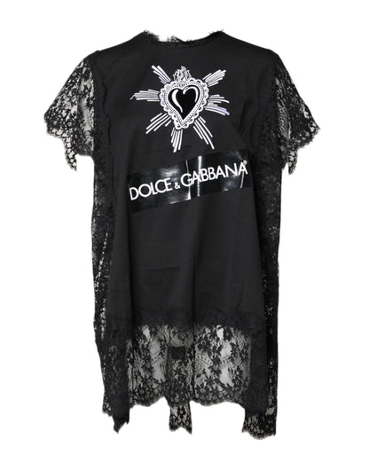Dolce & Gabbana Black Lace Sheer Sacred Heart Crew Neck Top by Dolce & Gabbana