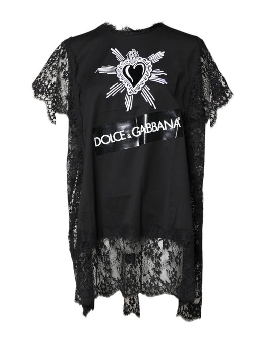 Dolce & Gabbana Black Lace Sheer Sacred Heart Crew Neck Top by Dolce & Gabbana